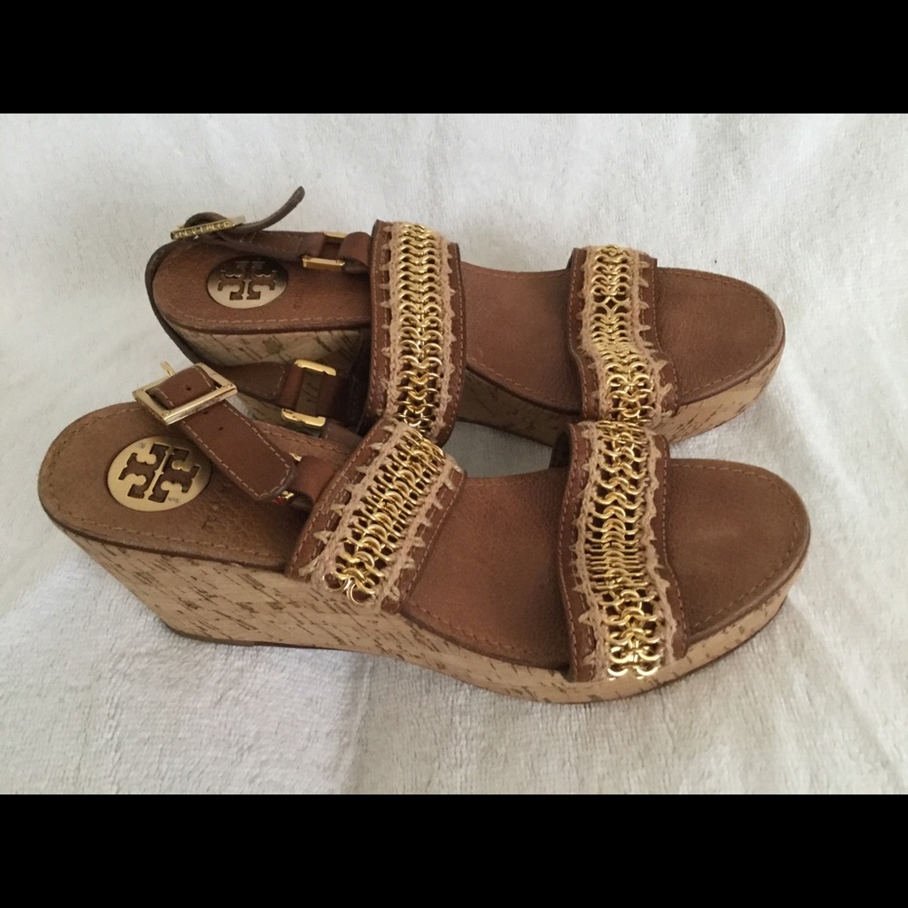 Tory Burch crochet wedge women brown sandals Sz 7